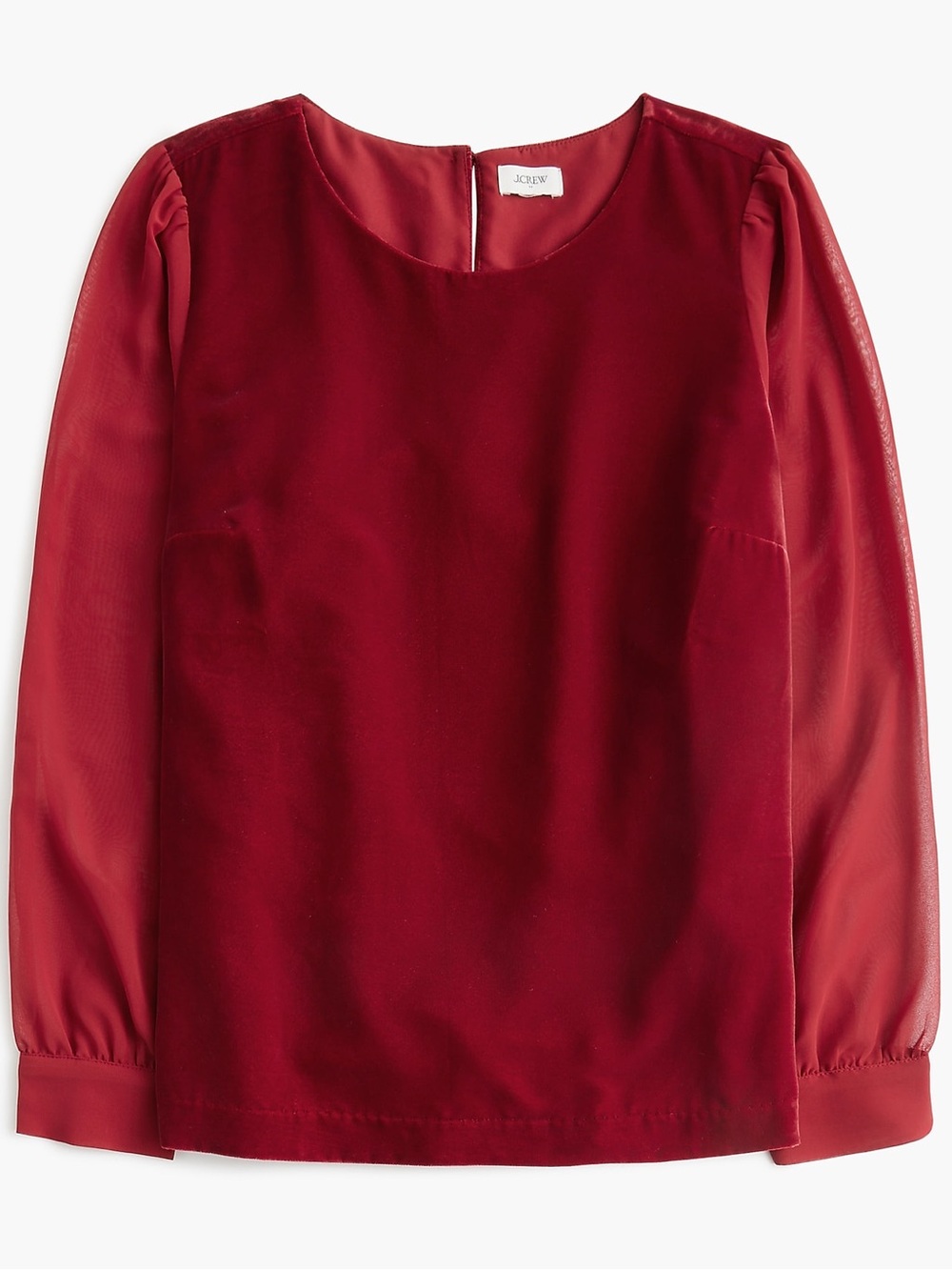JCrew Red Velvet Puffed Sheer Sleeve Blouse size small